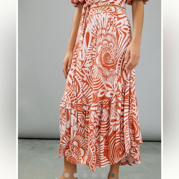 Anthropologie Bodhi Midi/Maxi Skirt. Burnt Orange and White Ruffled Asymmetrical - Picture 1 of 16